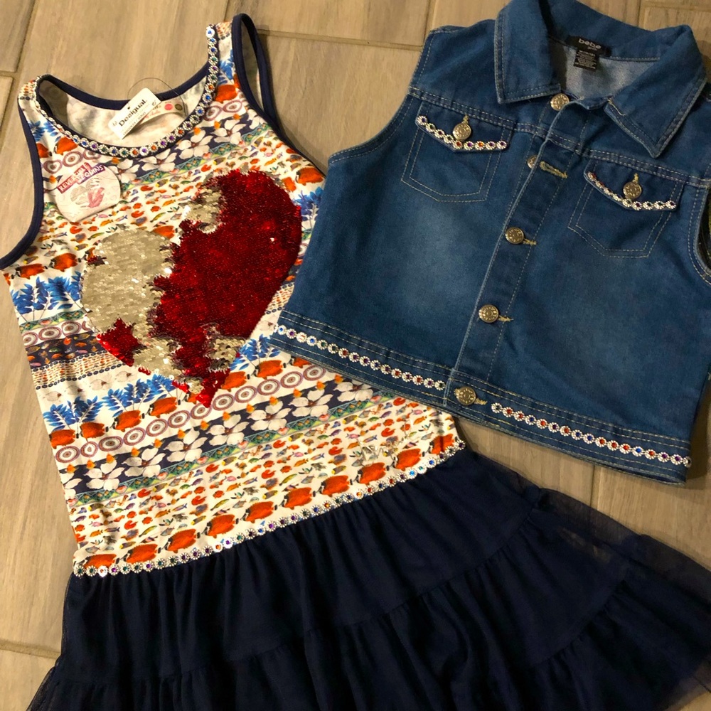 Sequin Heart Dress with Denim Vest
